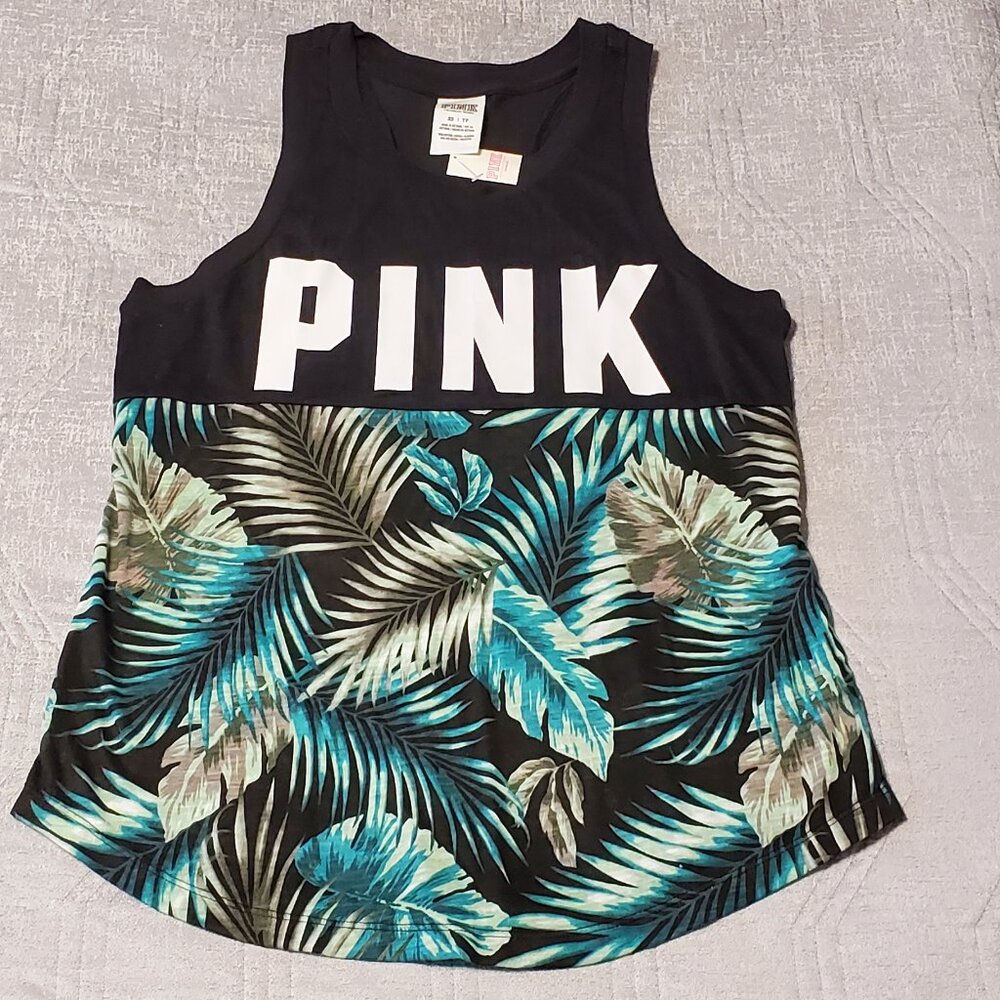 NWT! Victoria's Secret PINK racerback tank top with palm tree pattern  Size: XS